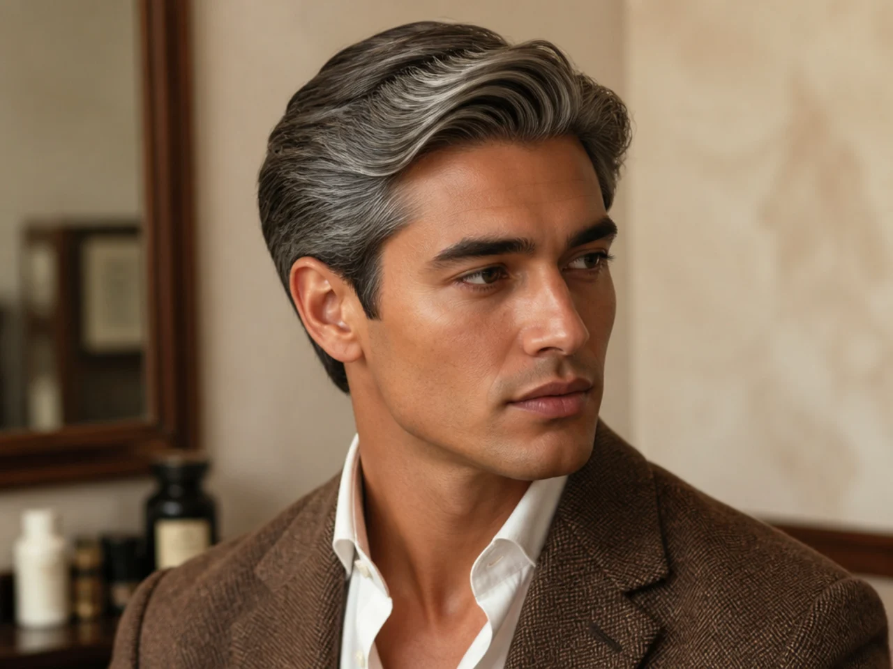 Ralph Lauren silver old money style haircut with brushed back salt-and-pepper top, three-inch top, scissor-tapered sides