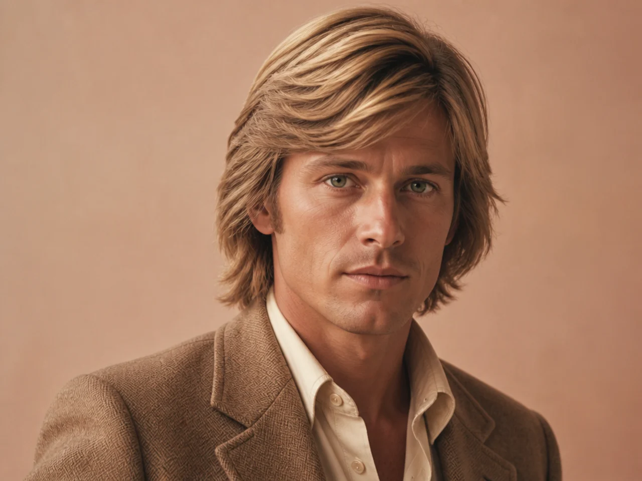 Robert Redford layered sweep old money style haircut with feathered longer sides, four-inch top, natural side part