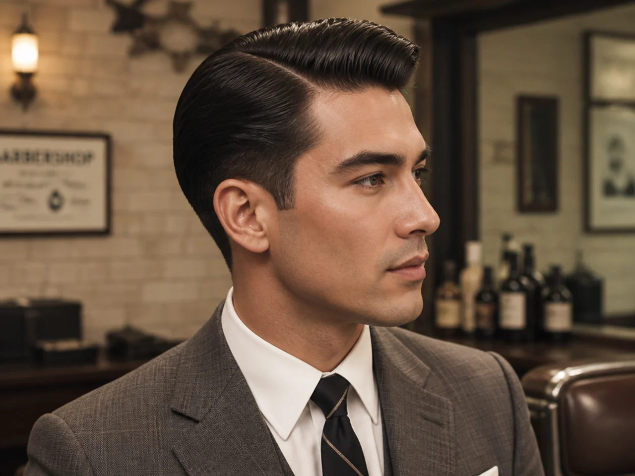 Sinatra sharp old money style haircut with slicked short top, tapered sides, low-shine finish