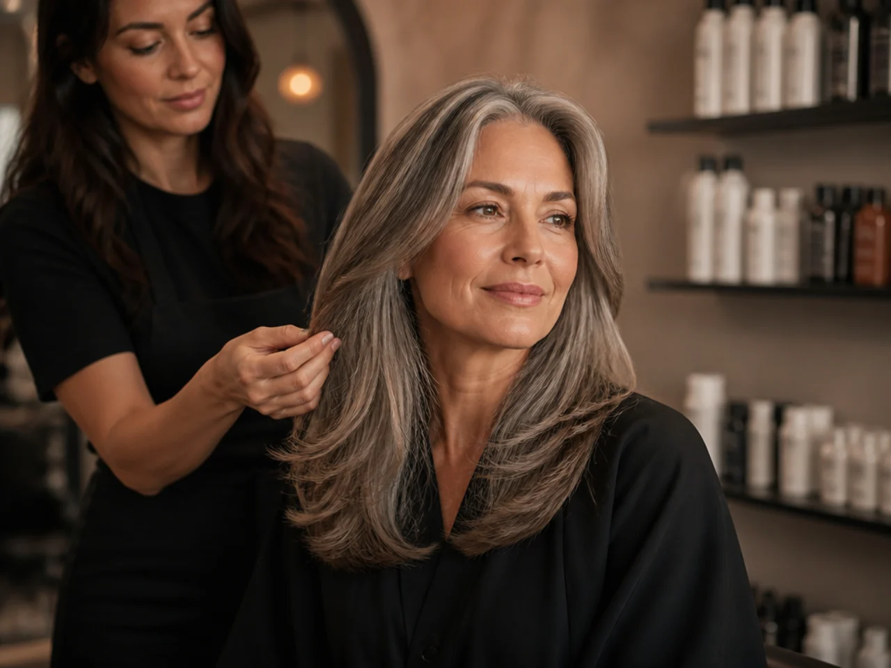 A salon appointment beside a product shelf