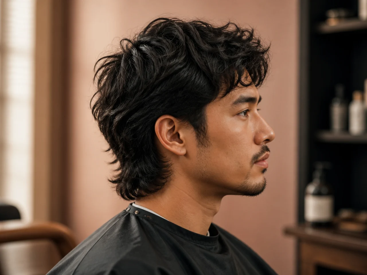 Man styling growing two block hair back off the forehead during the mullet phase, showing the sides tucked behind the ears