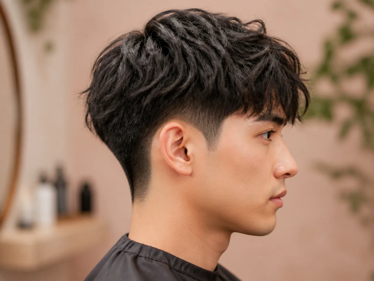 Close-up of a stylist thinning the underside of the top layer with texturizing shears to blend a two block wedge phase