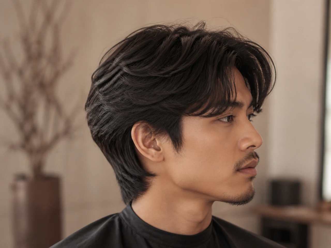 Stylist cutting soft long layers into a five-month grown-out two block on a client with wavy brown hair