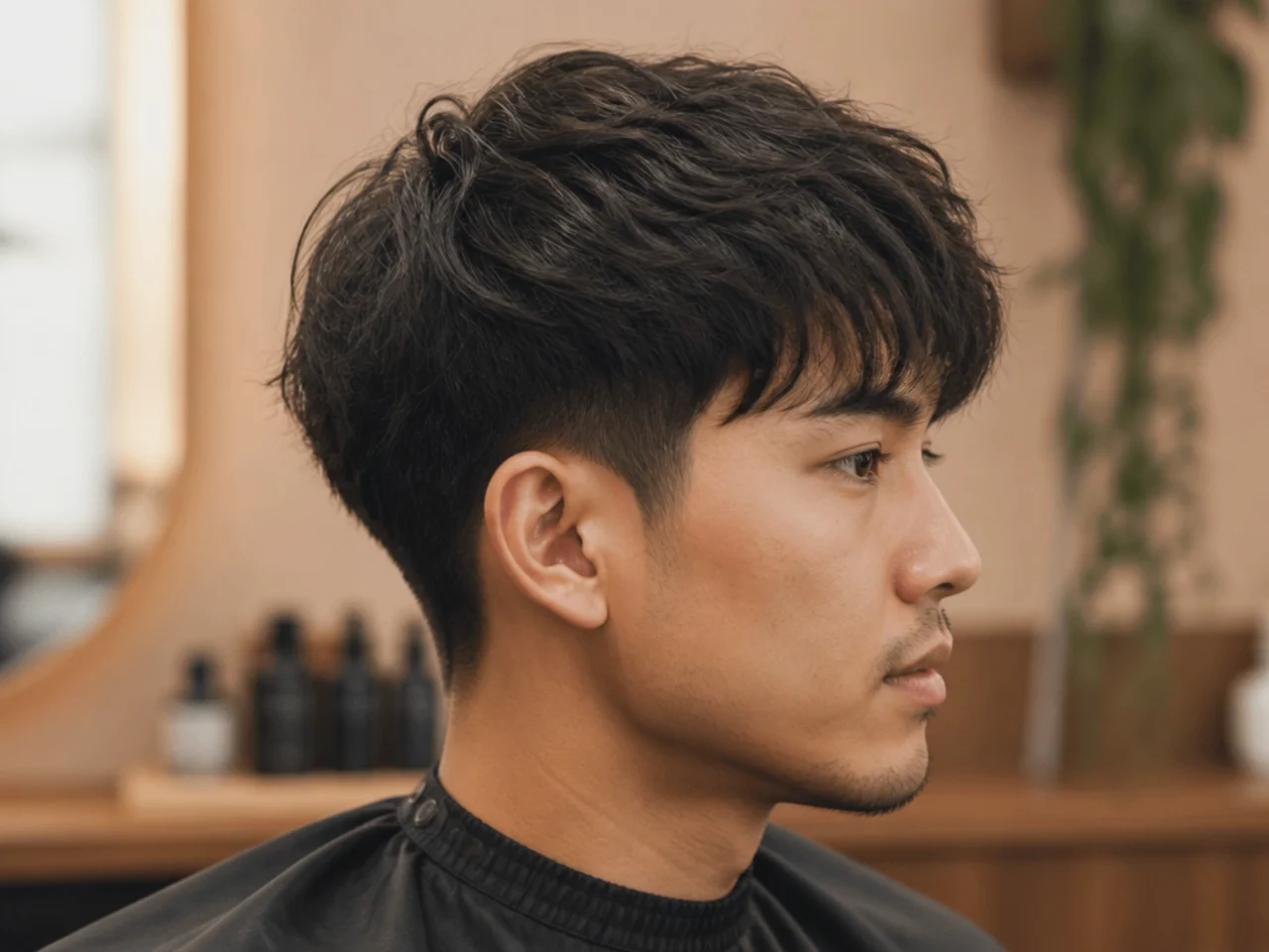 Overhead flat-lay of a wide-tooth comb, sulfate-free shampoo, sea-salt spray, and matte cream on a warm blush-cream surface