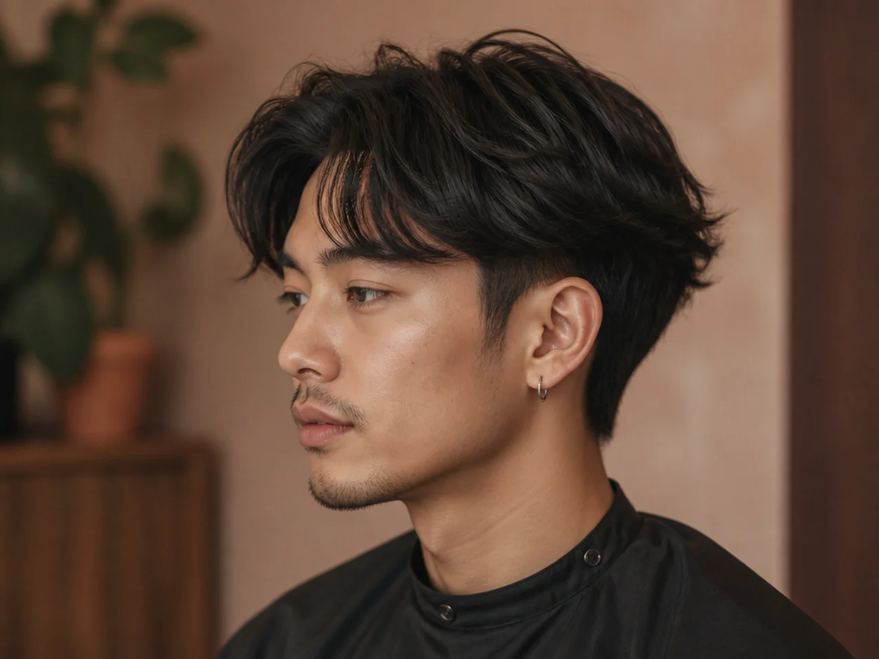 Side profile of a two block haircut at week eight of grow-out, sides fanning out below the longer top layer