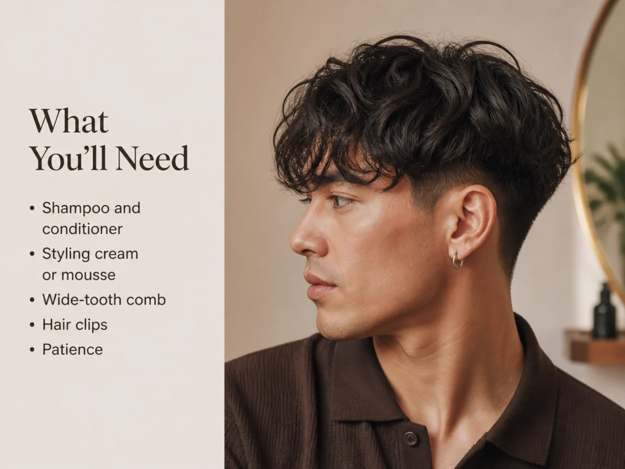 Flat-lay of a matte cream jar, sea-salt spray bottle, wide-tooth comb, headband, and sulfate-free shampoo on a blush-cream surface