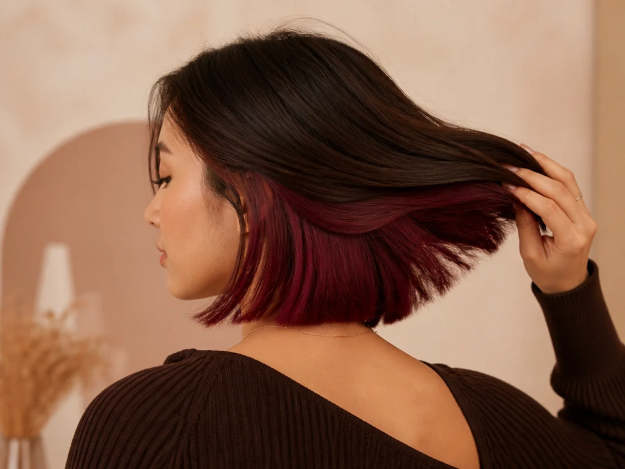 A burgundy panel under a brown bob