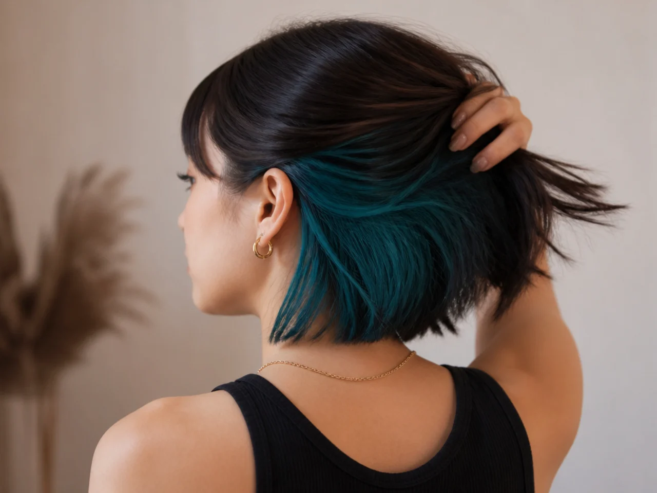 A teal panel under a black bob