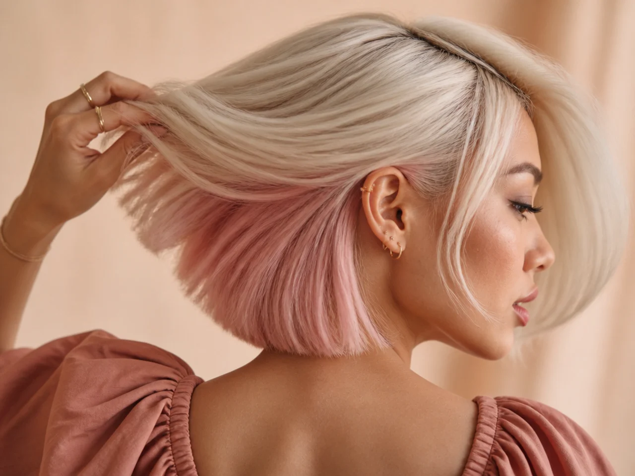 A pastel pink panel under a platinum bob
