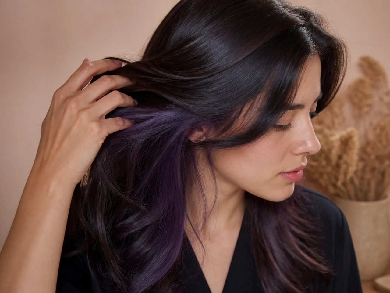 Dark brown hair with a deep violet panel hidden under the top section