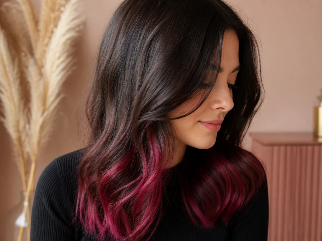 Dark brown hair with a vivid magenta underlayer showing at the ends