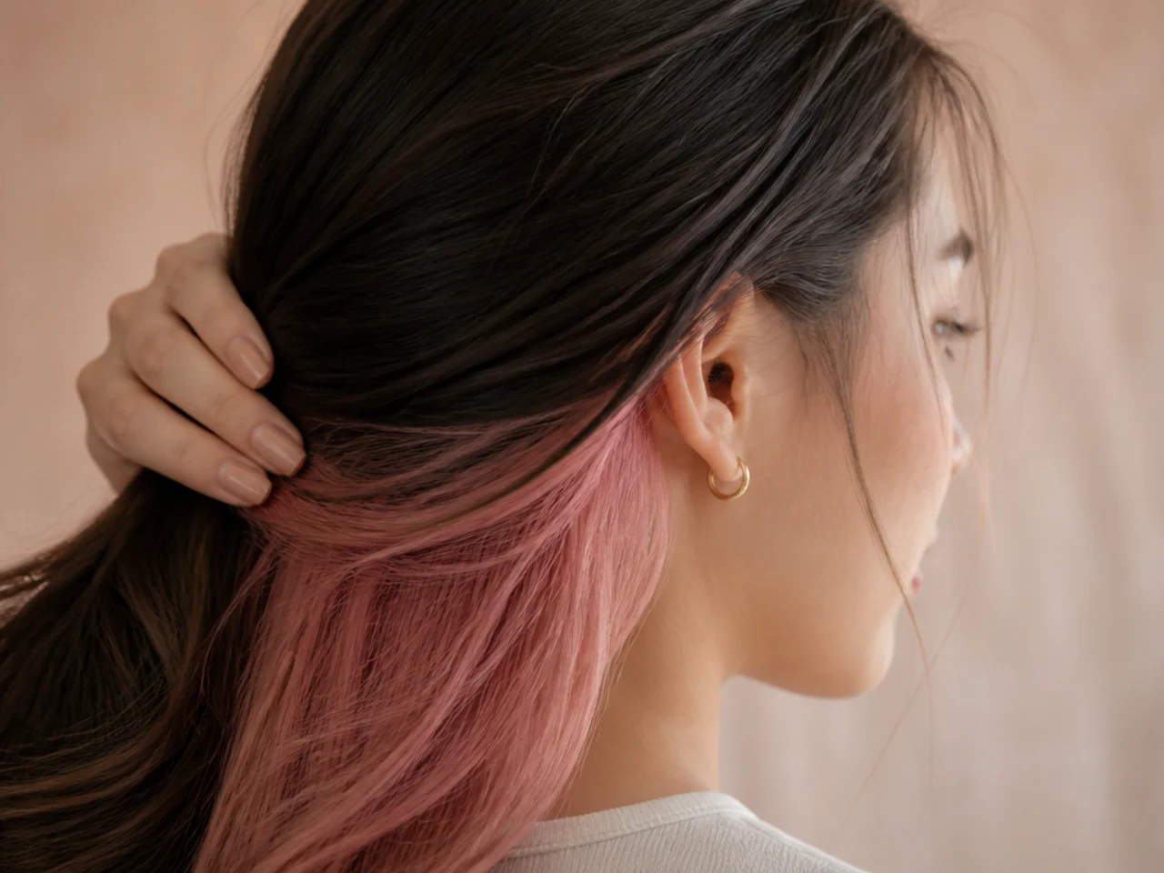 Brown hair swept aside to show a pastel pink panel at the nape