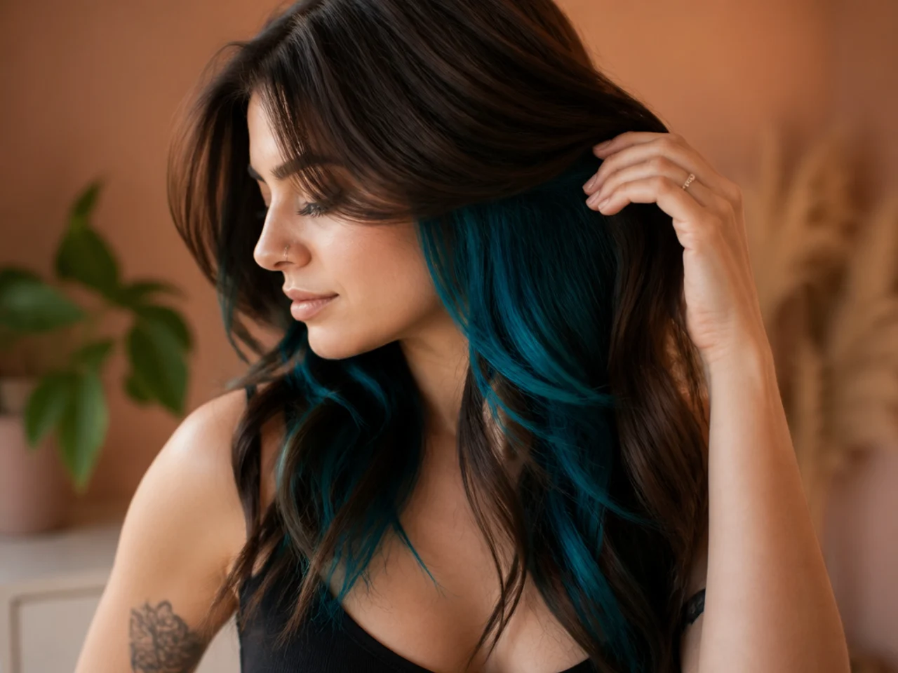 Brown hair with bright teal panels hidden beneath the top layer