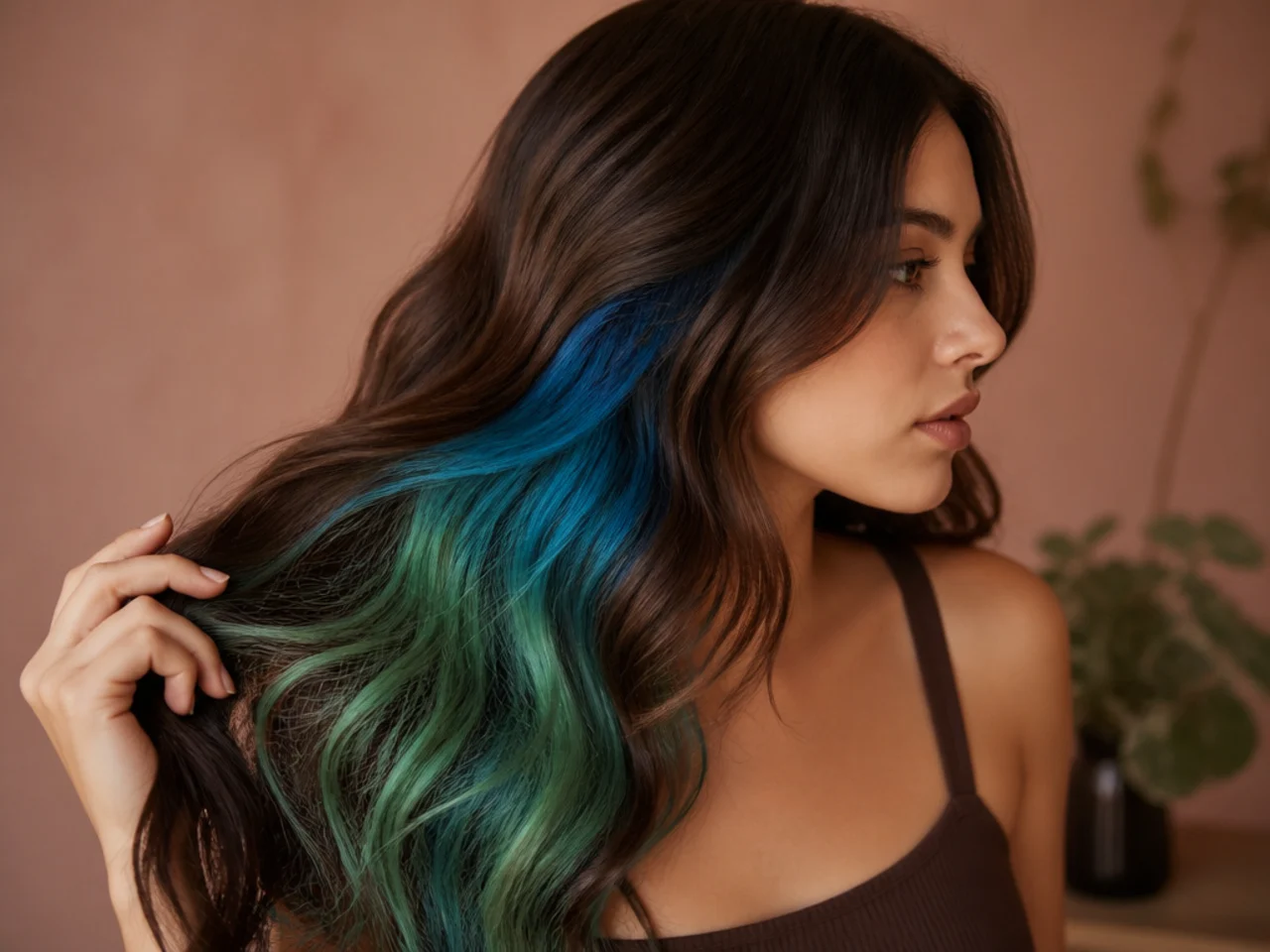 Brown hair revealing a panel blending from blue into green
