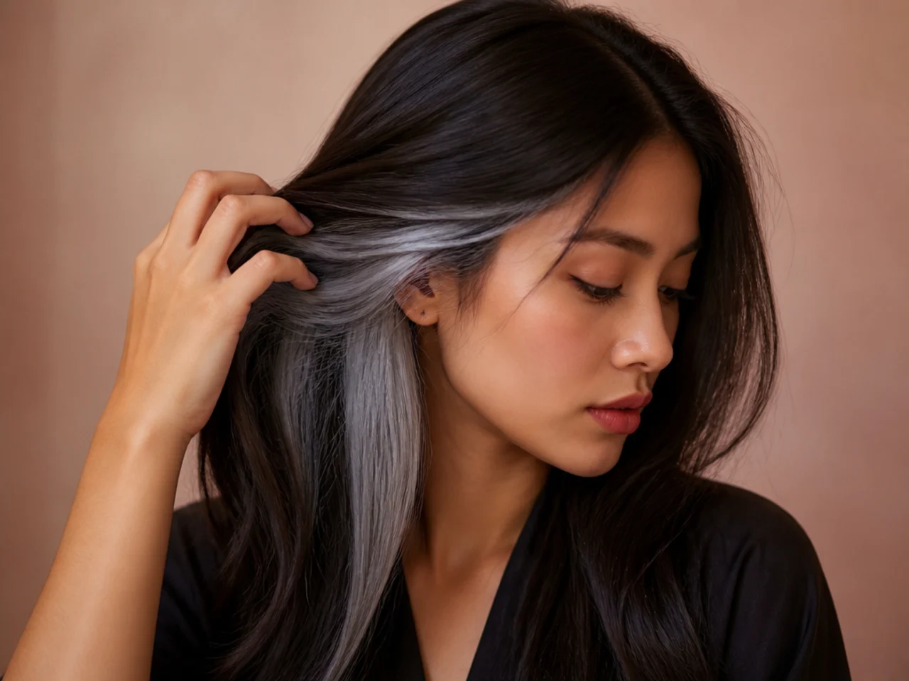 Dark brown hair with a cool silver panel showing underneath