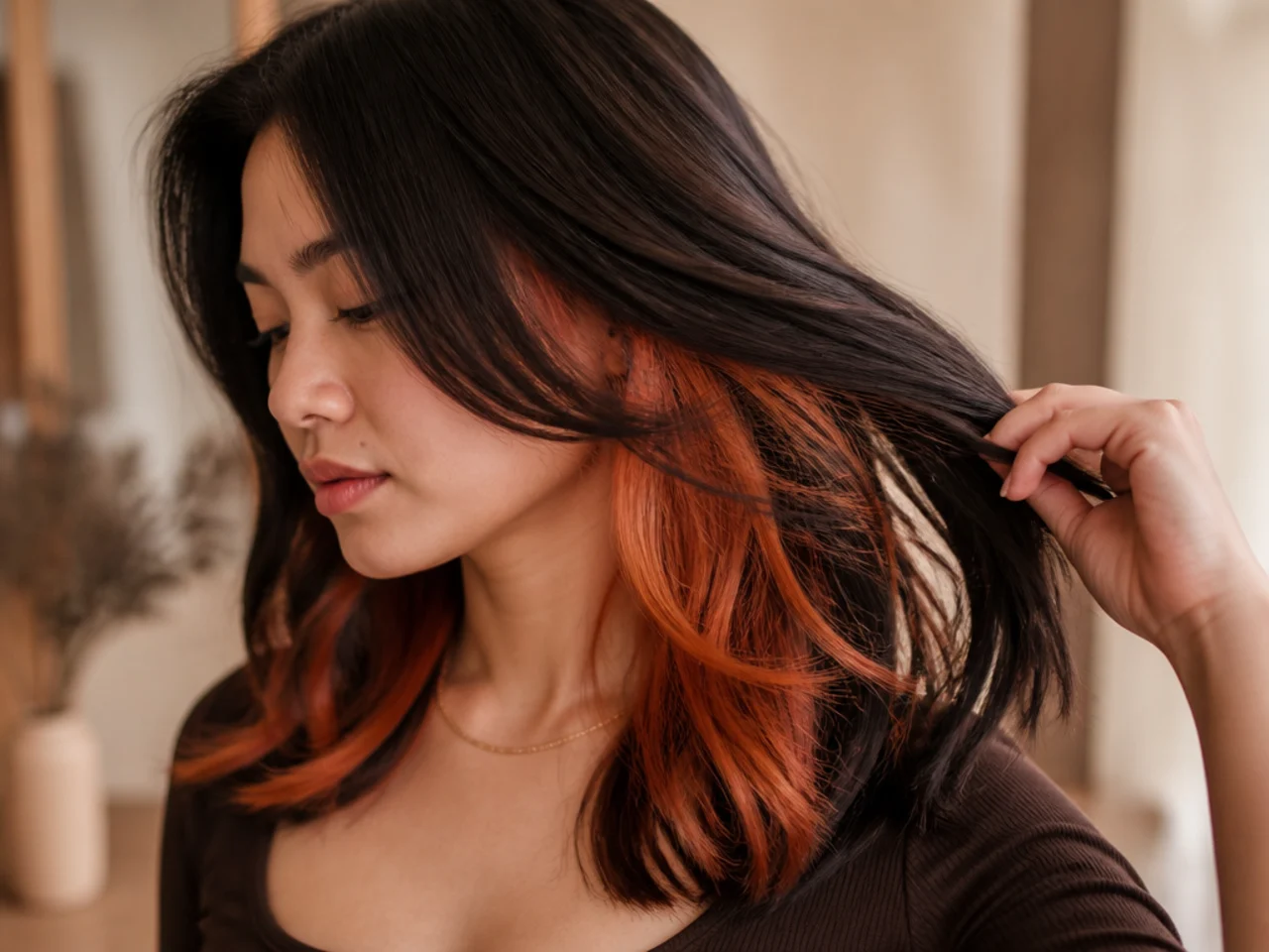 Dark brown hair with bright copper panels visible under the top layer