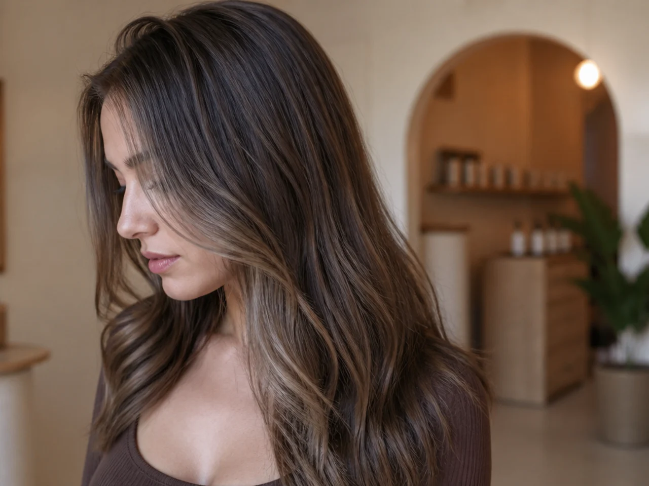 Brown hair with a cooler ash brown panel visible in daylight