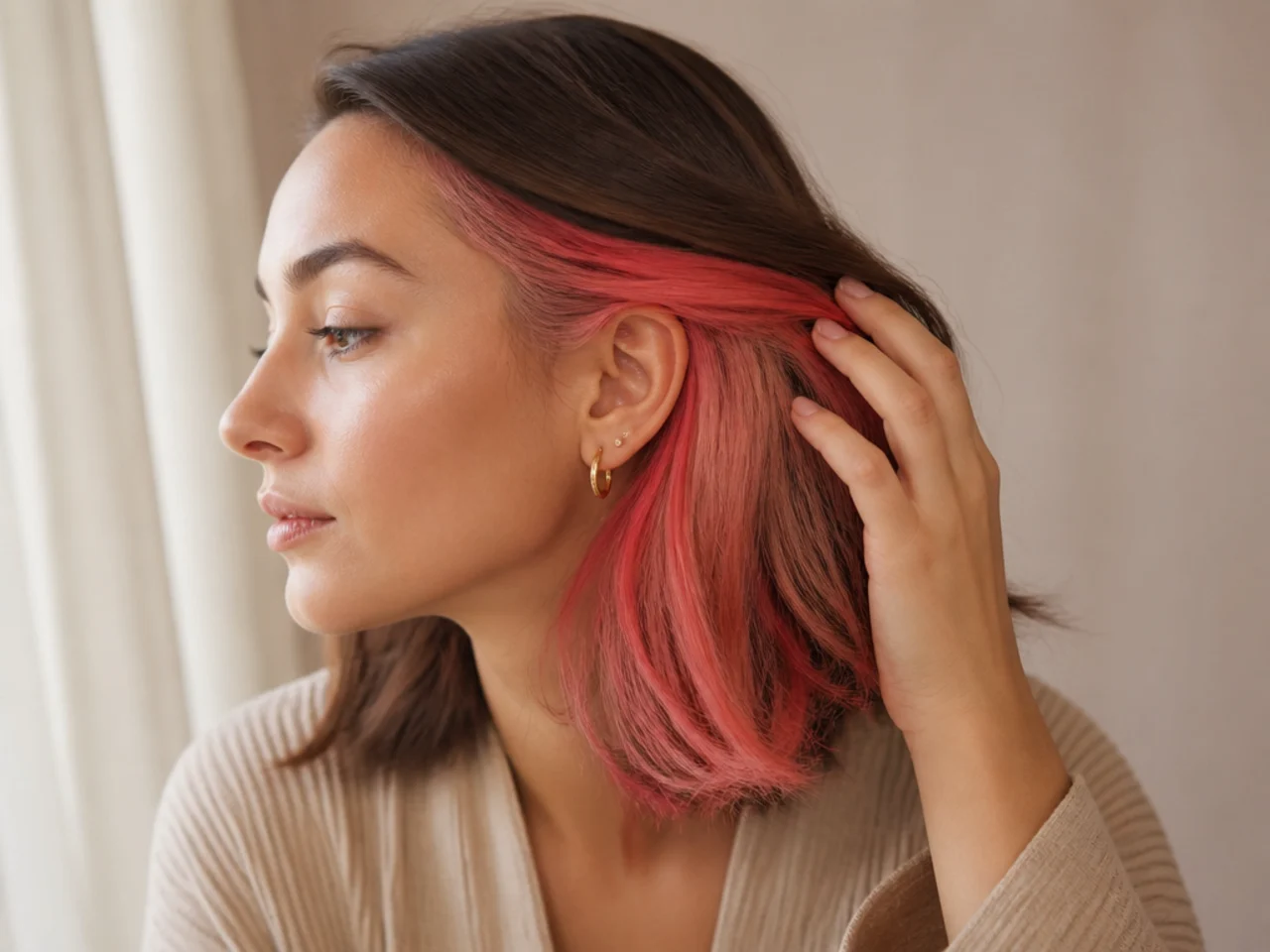 Brown hair tucked behind the ear revealing a bright coloured panel