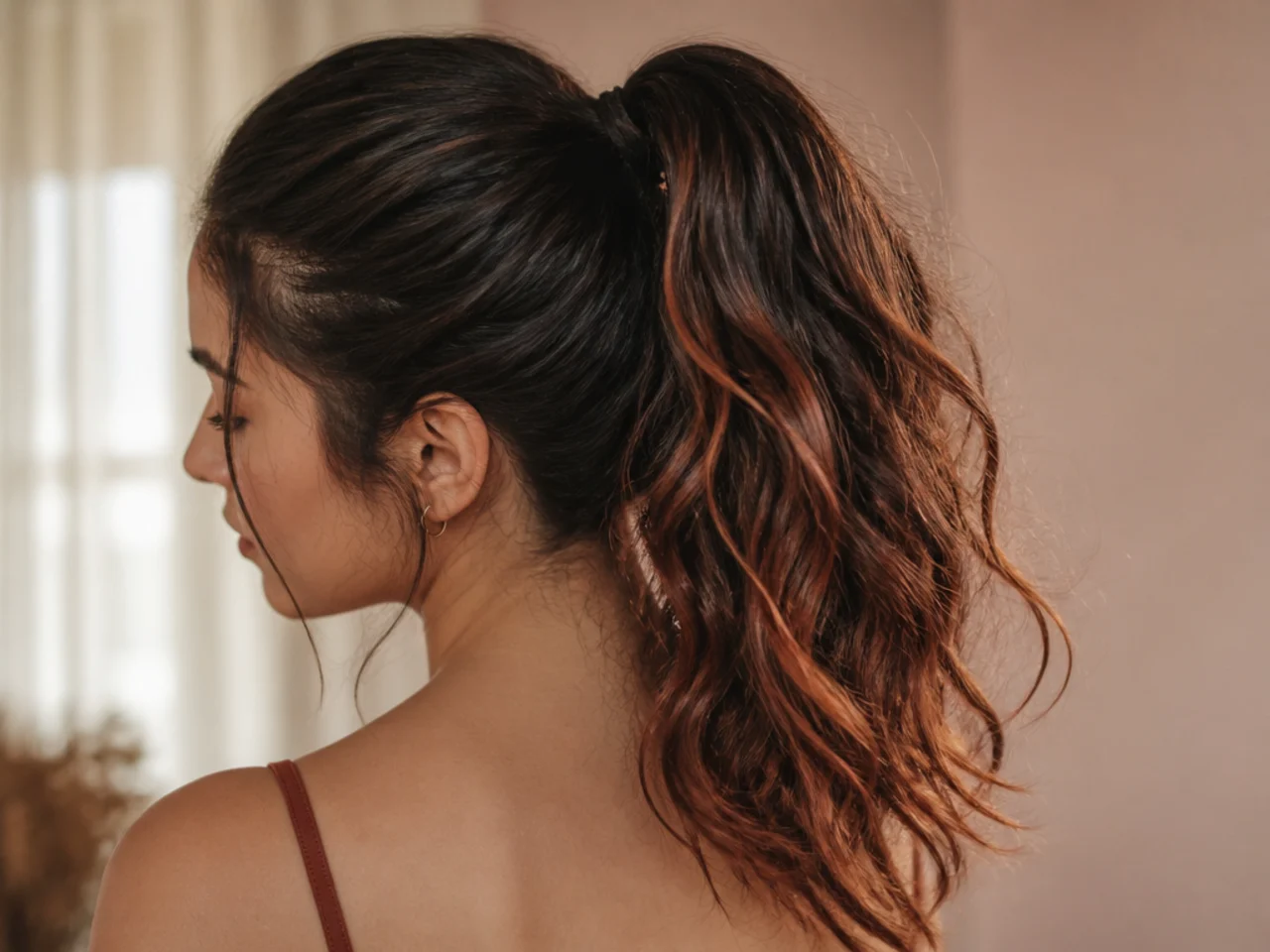 Brown hair in a high ponytail showing coloured hair through the length