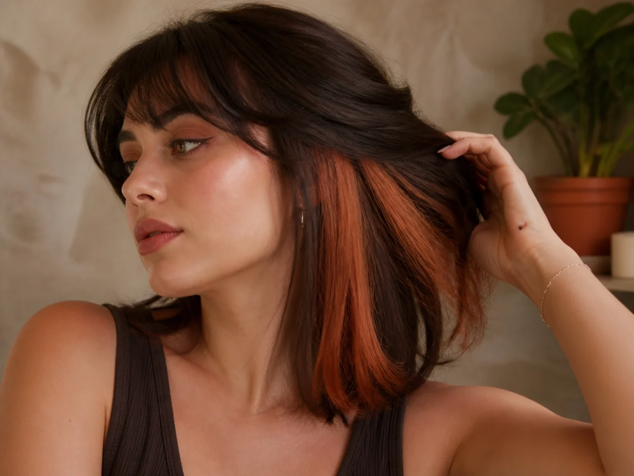 Brown hair with solid wide blocks of colour beneath the top section