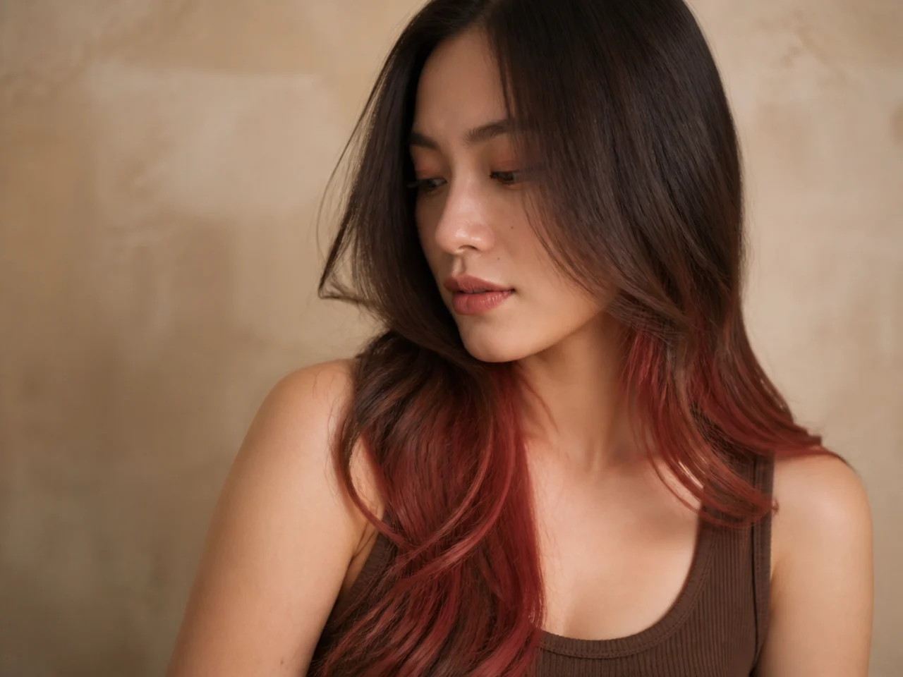 Brown hair with a coloured panel starting two inches below the roots