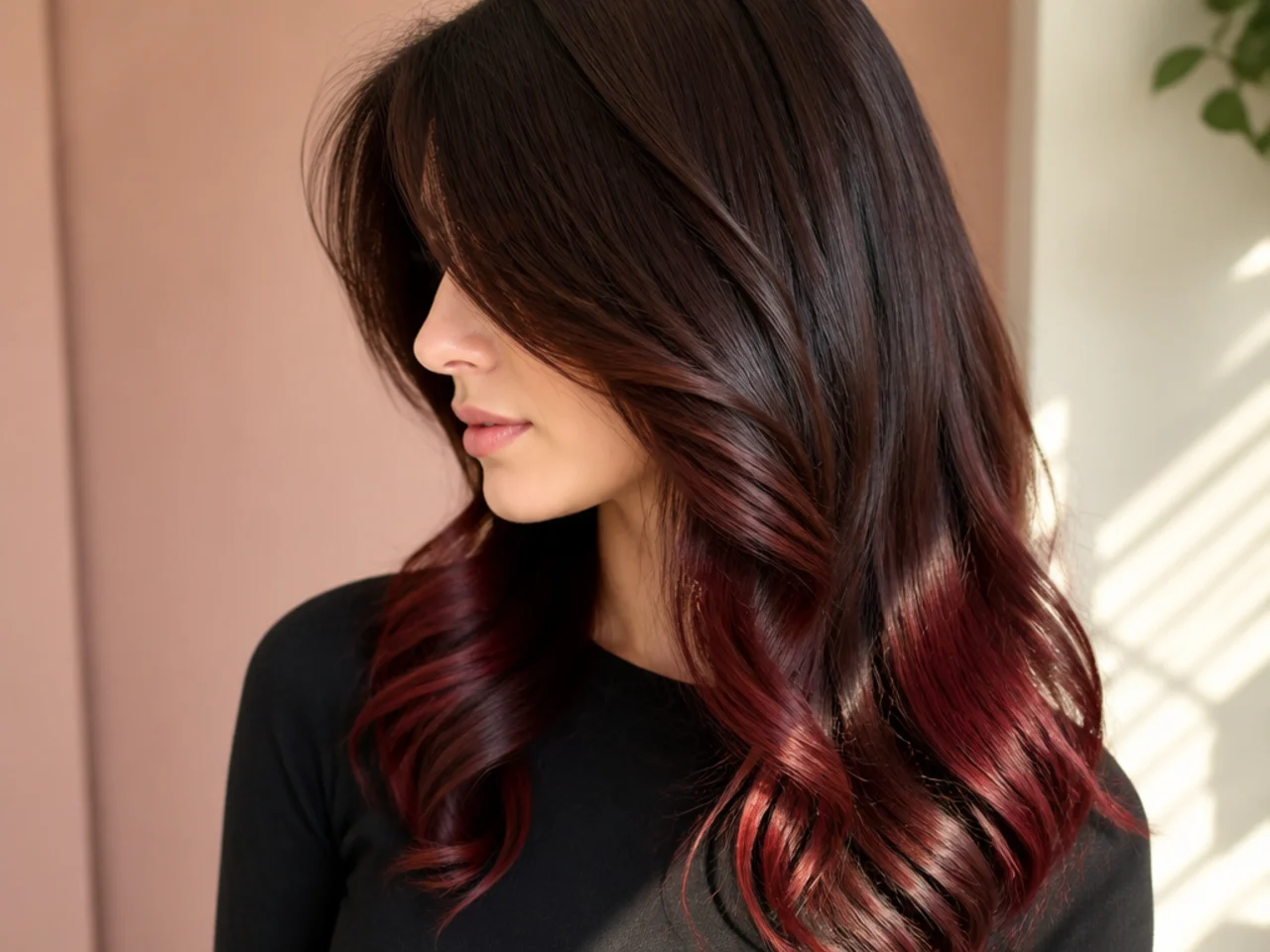 Dark brown hair with a burgundy underlayer catching red light at the ends