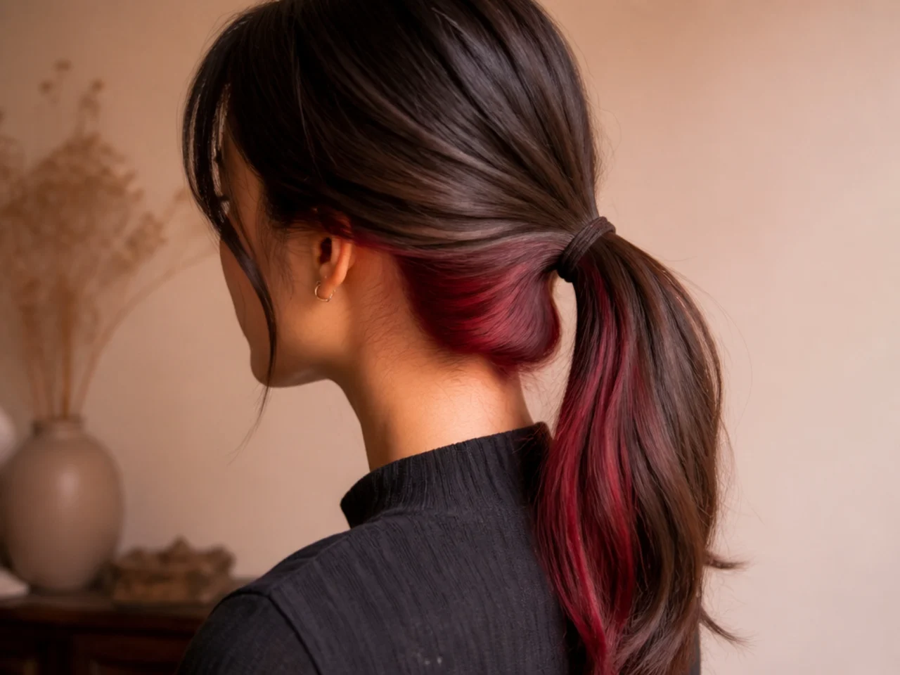 Brown hair tied in a low ponytail revealing a cherry red panel at the nape