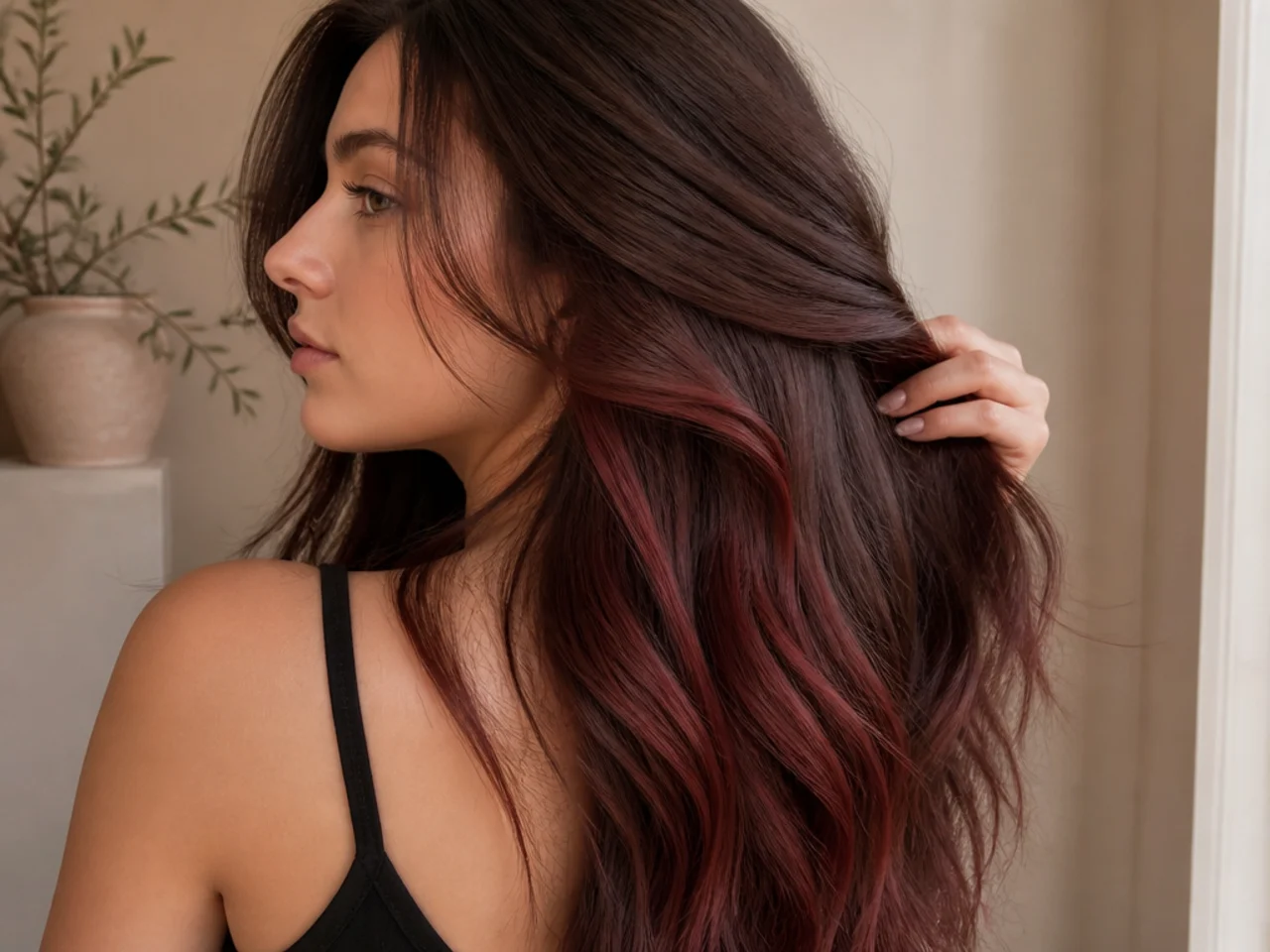 Mid brown hair with a mahogany panel showing a soft red tone underneath