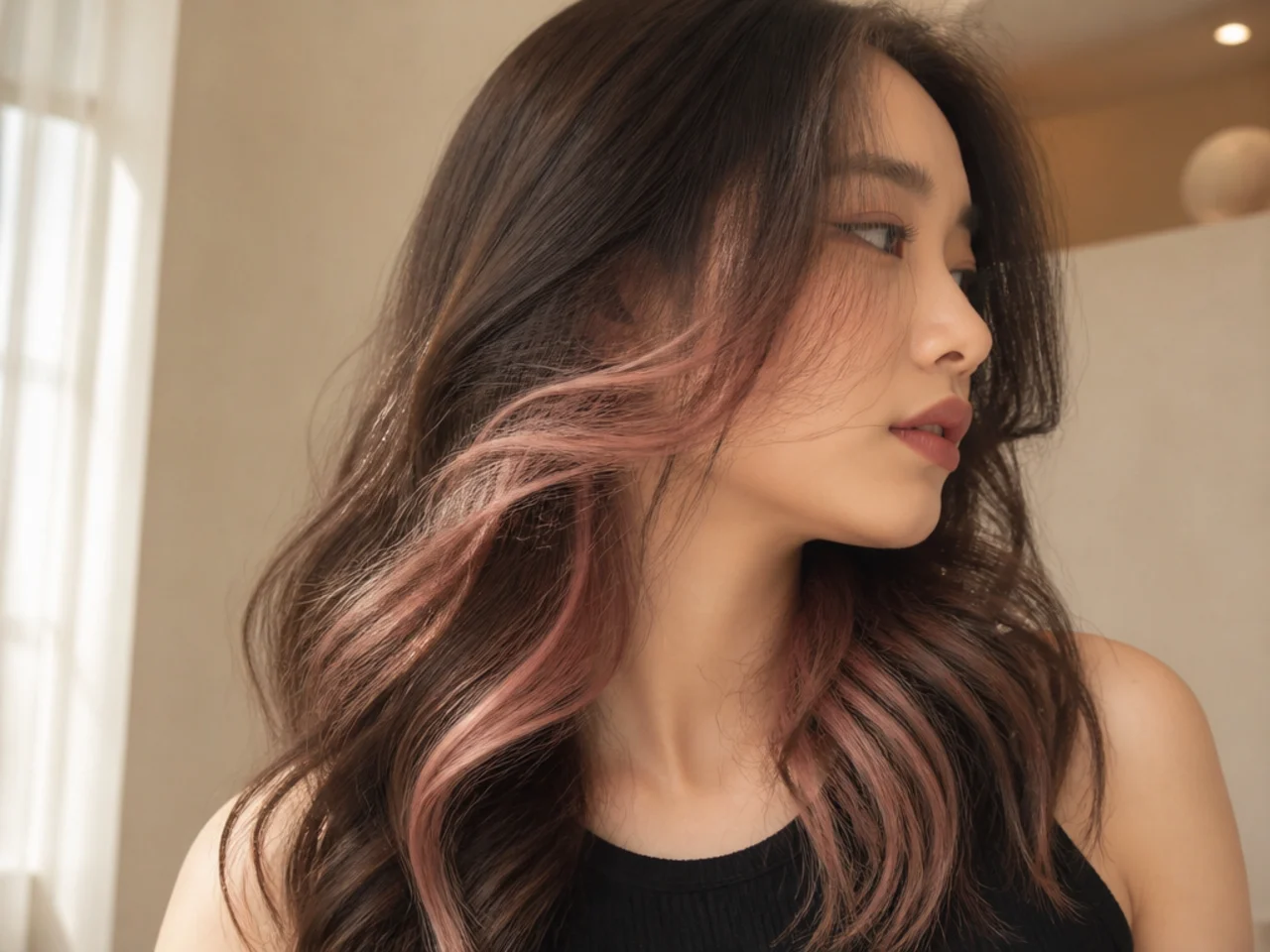 Brown hair with soft rose gold panels visible beneath the top layer