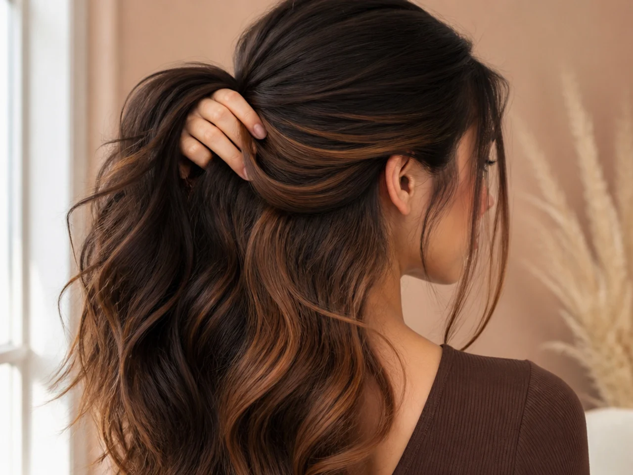 Dark brown hair with warm caramel panels lifted underneath the crown