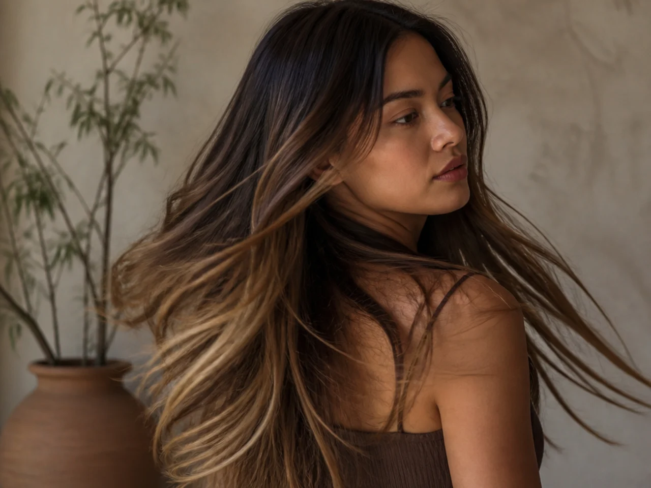 Long brown hair with a honey blonde underlayer showing as the hair moves