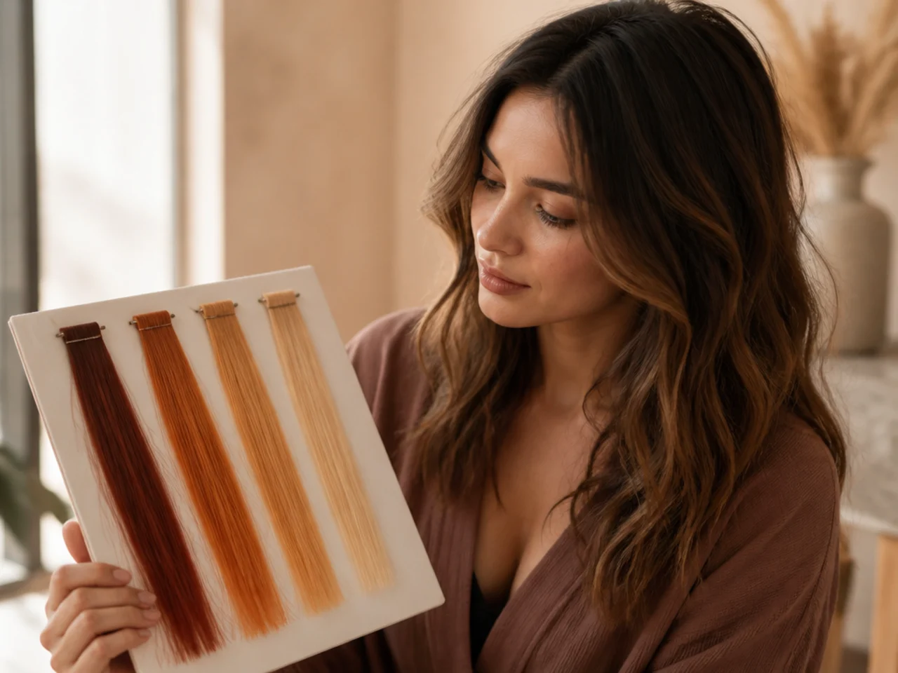 A strand test board showing brown hair lifted through red, orange and pale yellow stages
