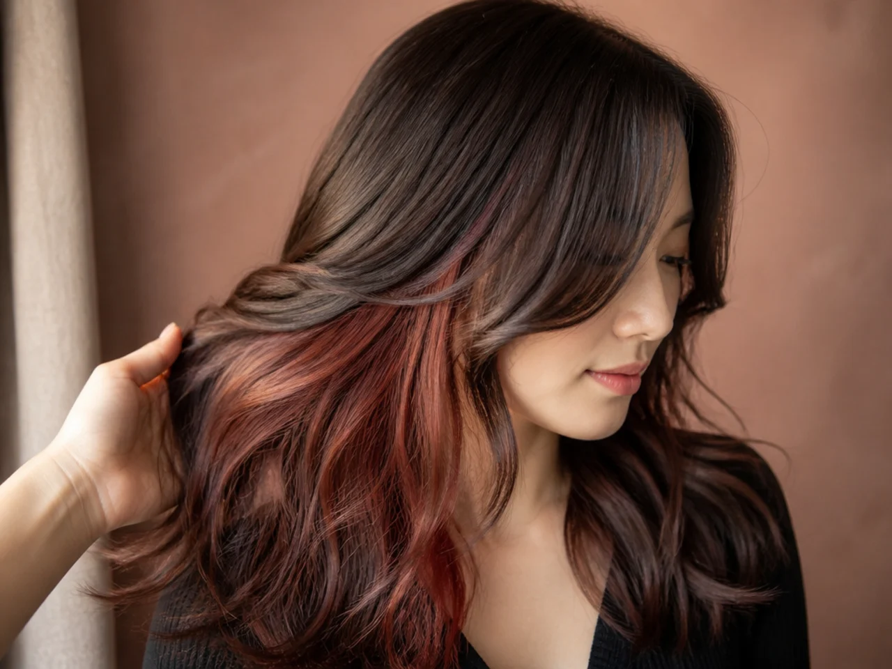 Three quarter view of brunette hair with a finished hidden colour panel