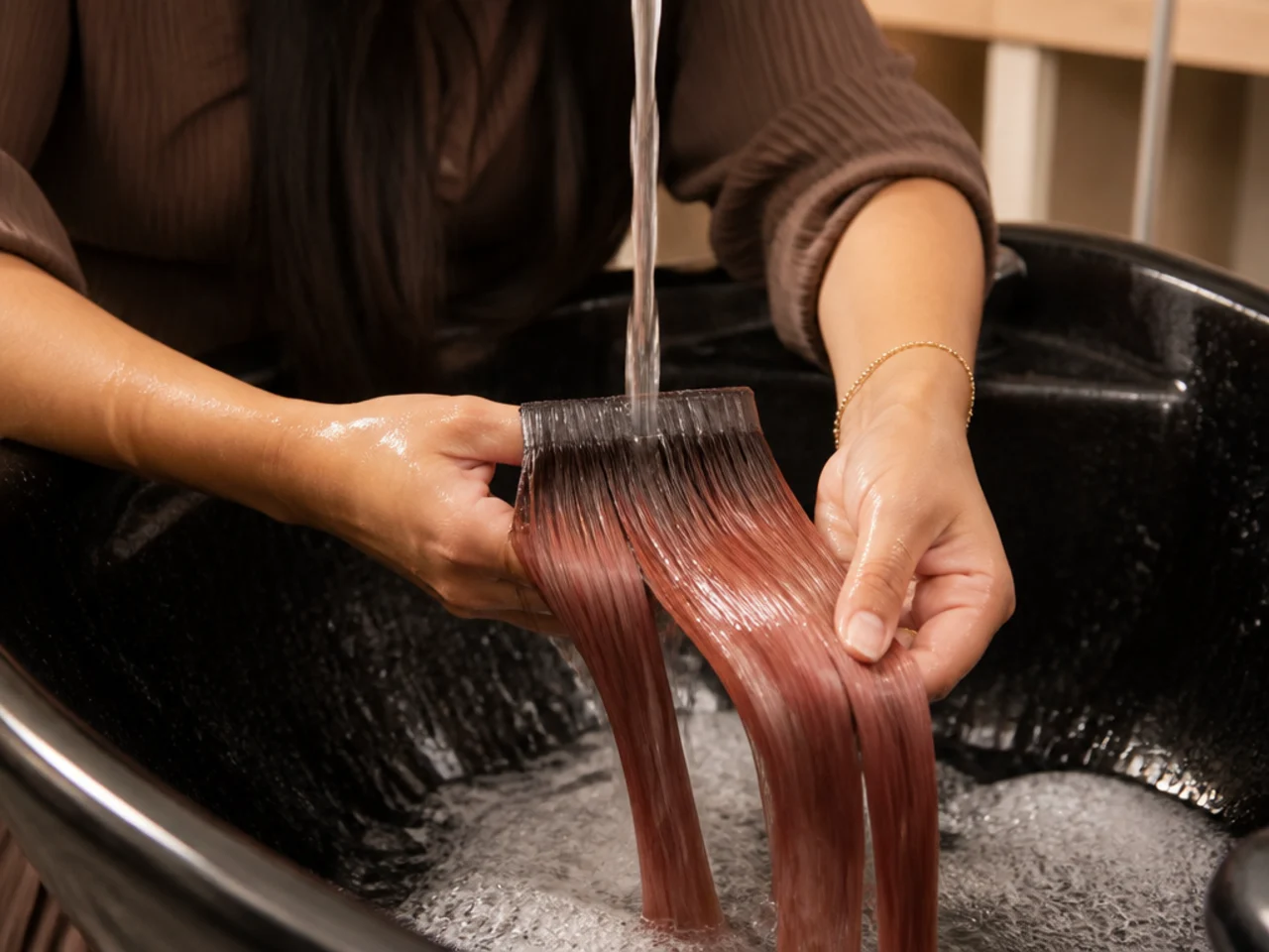 A coloured panel being conditioned in a basin with cool running water