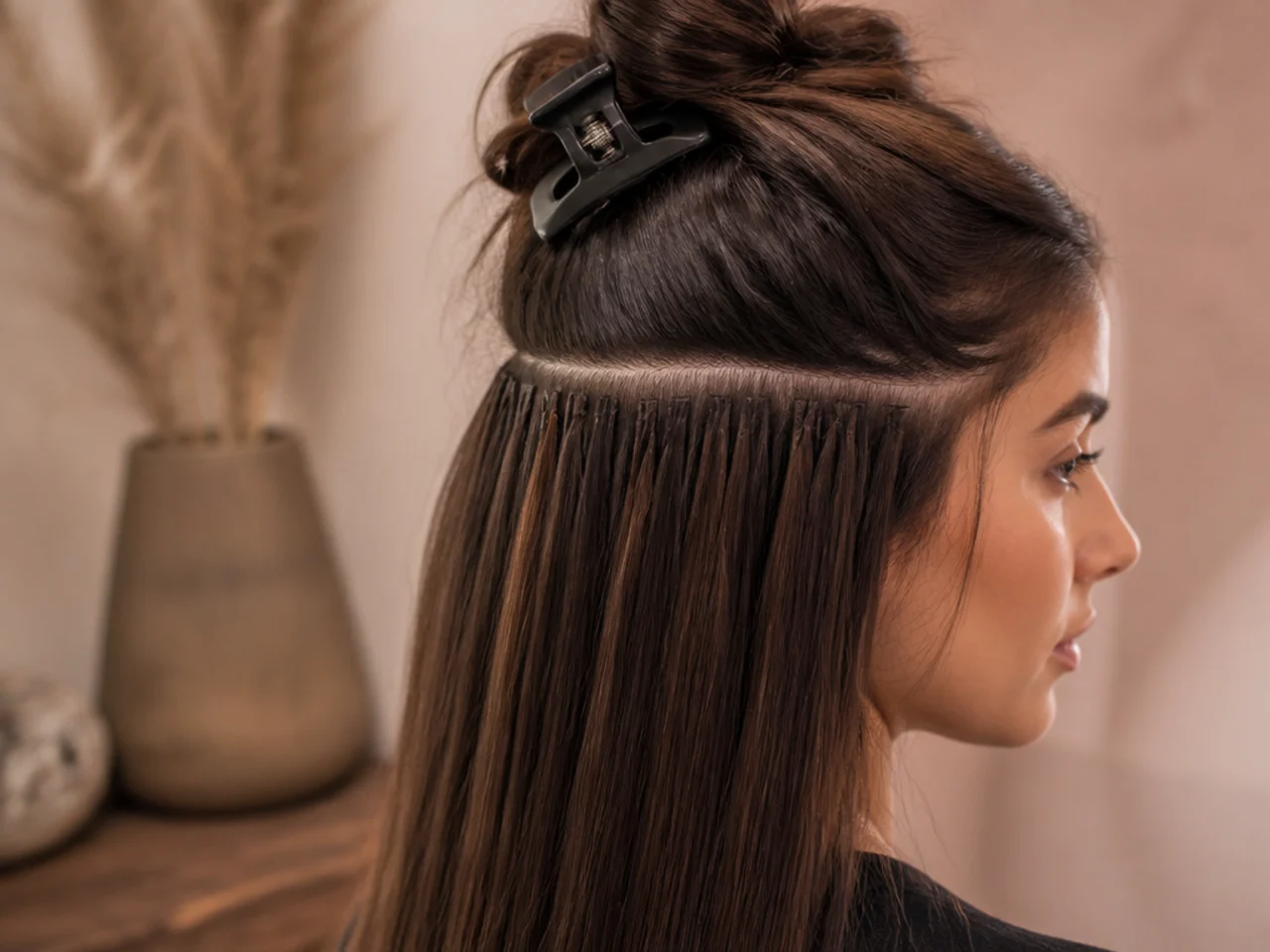 Sectioned brown hair clipped up to show the horseshoe parting and the panel area beneath it