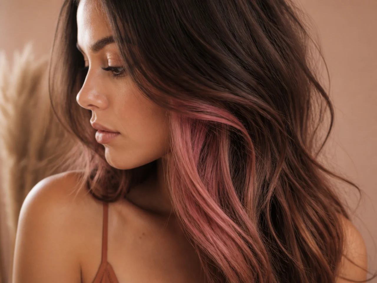Fine ribbons of pink woven through the under layer of brown hair