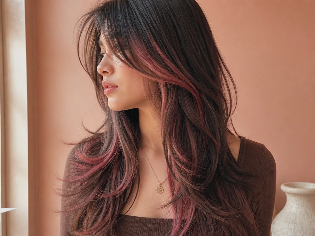 Pink flashing through the steps of a long layered cut