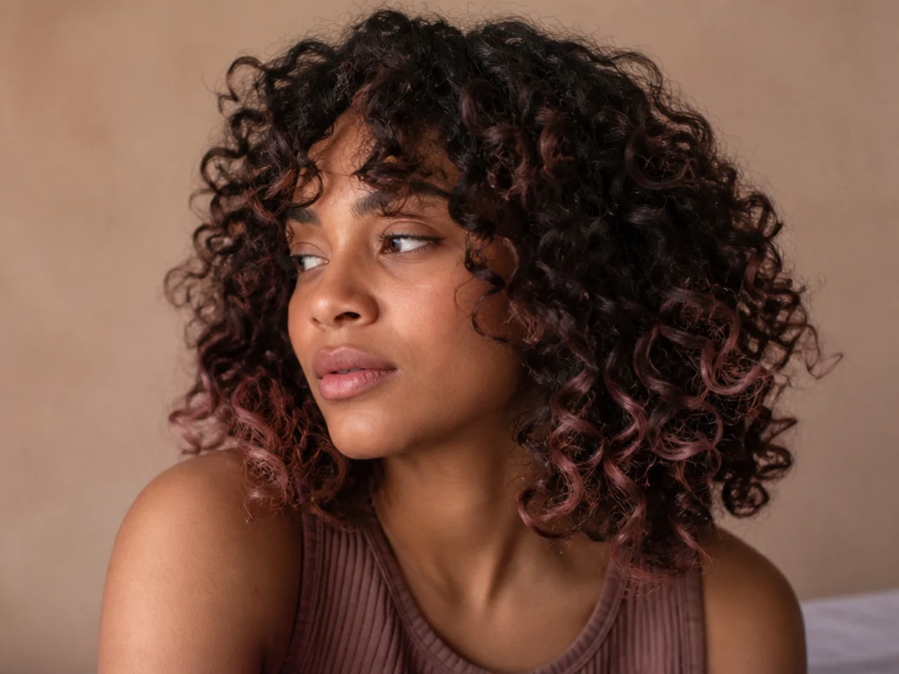 Pink appearing at the bends of dark curls
