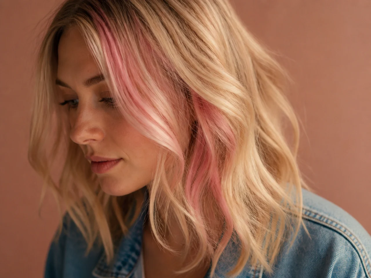 A soft pastel pink panel hidden under pale blonde hair