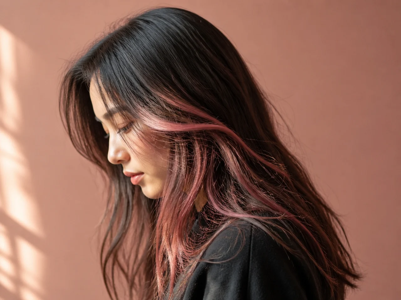 A faded soft pink panel showing under dark hair after several washes