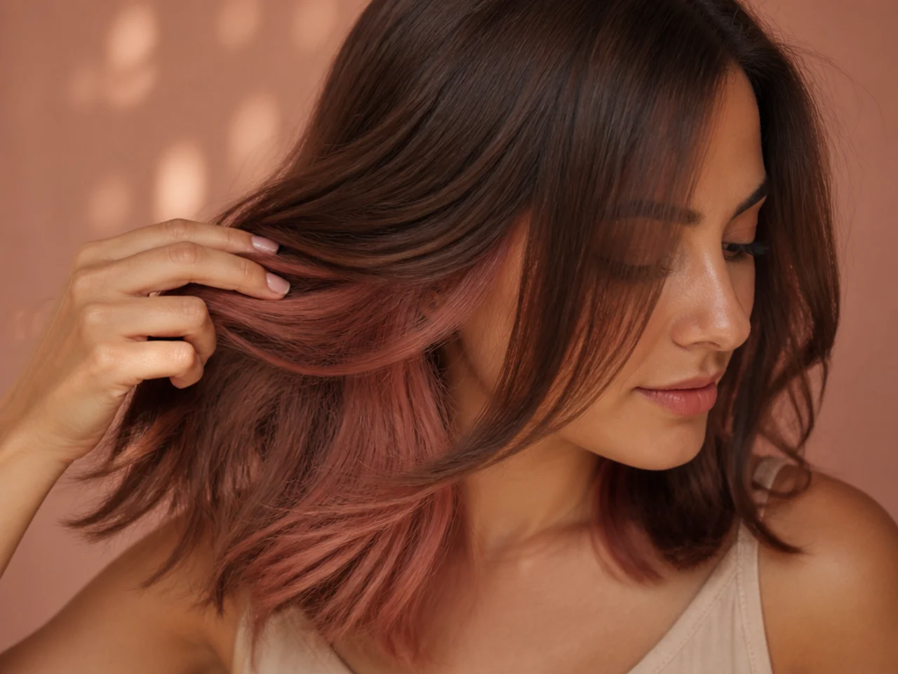 A warm rose gold panel showing beneath light brown hair
