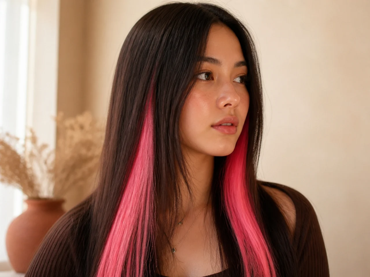 Two bright bubblegum pink panels beneath the top layer of straight hair