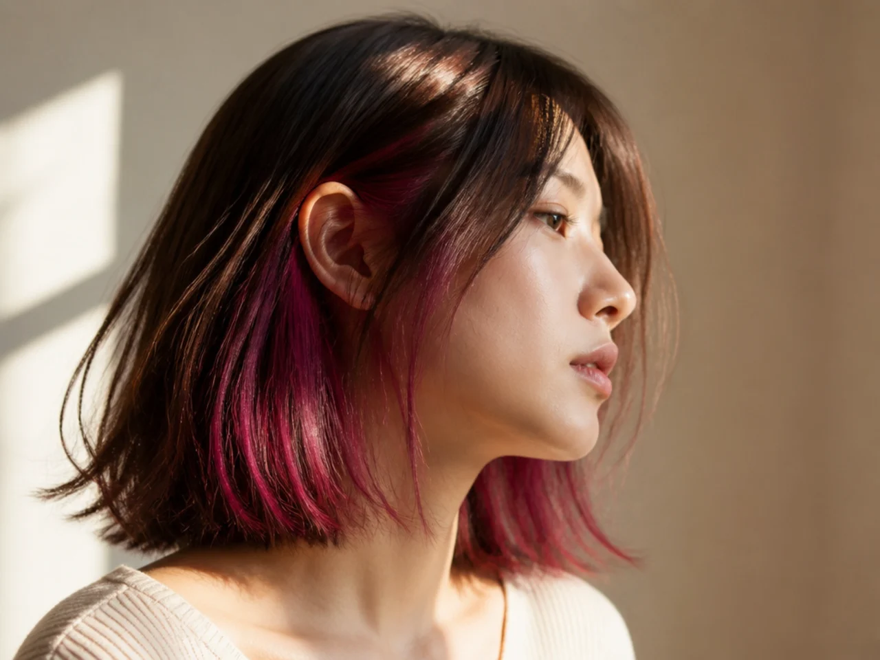 A deep magenta panel under dark brown hair catching direct sunlight