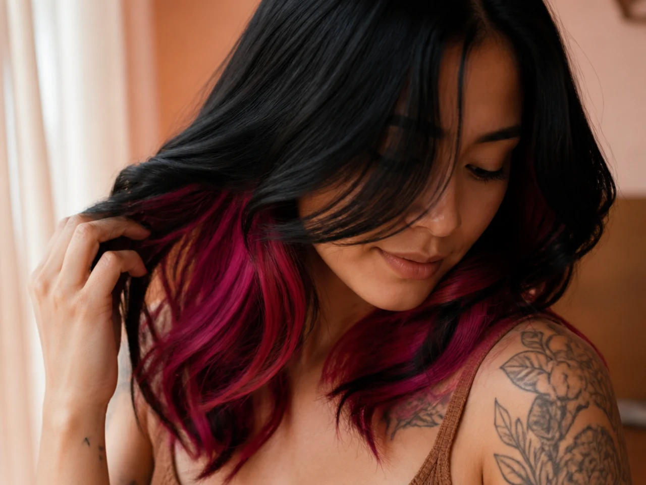 Vivid fuchsia sections revealed under jet black hair