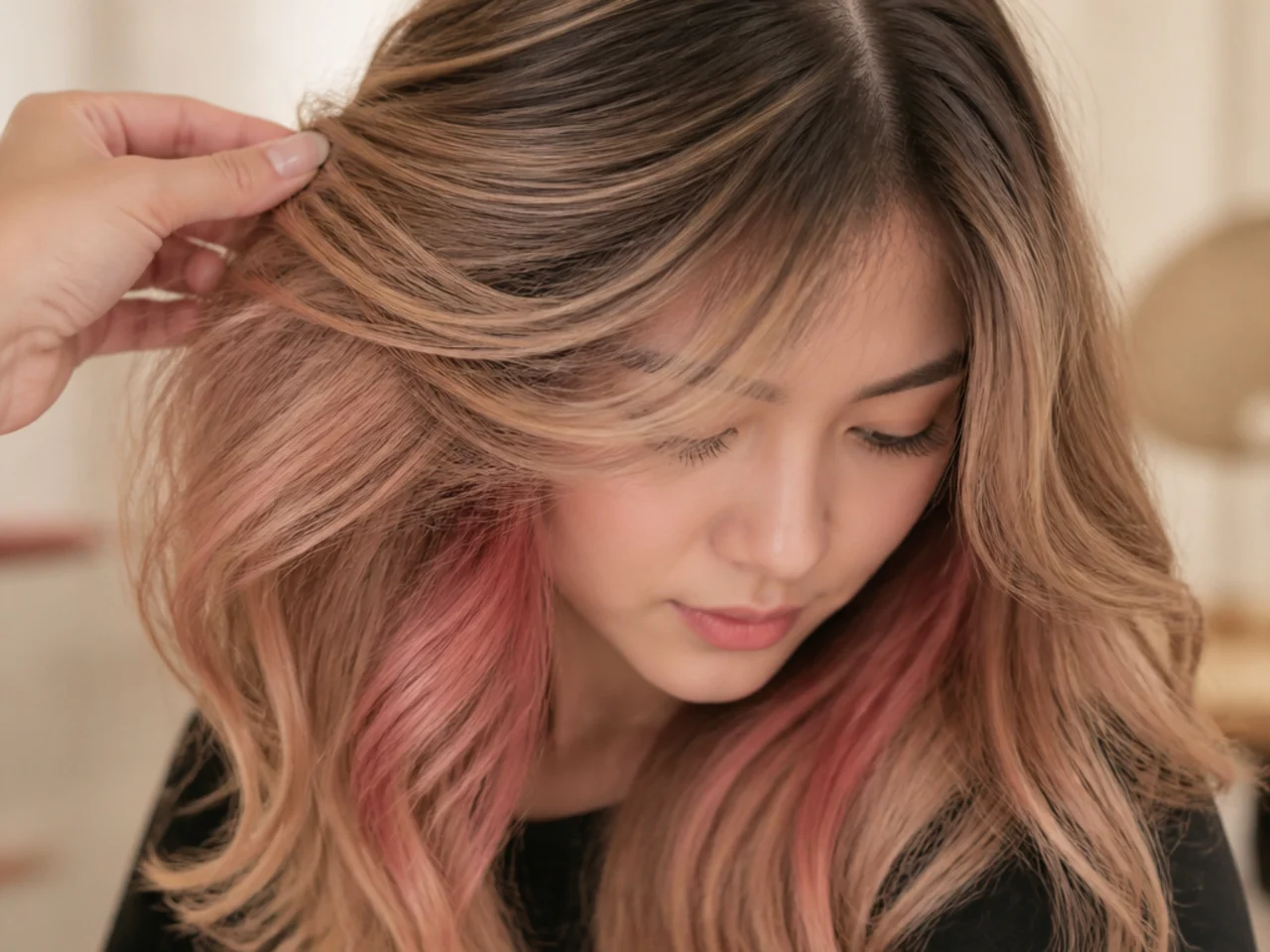 A warm coral pink panel hidden under sandy blonde hair