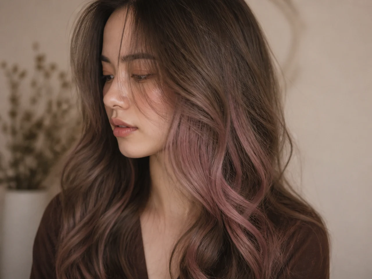 A muted dusty rose panel beneath ash brown hair