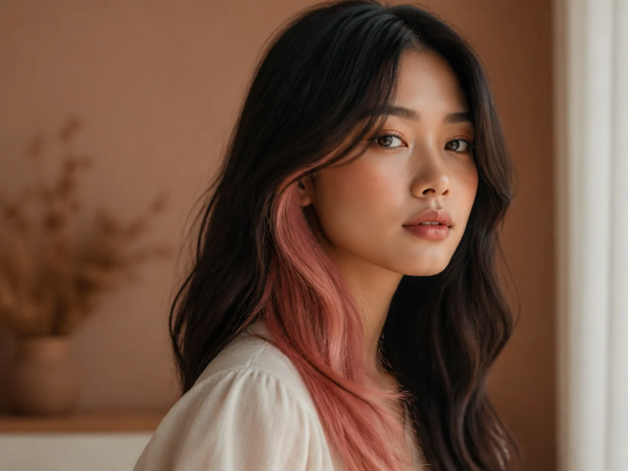 Three quarter view of dark hair with a pink panel showing at the shoulder