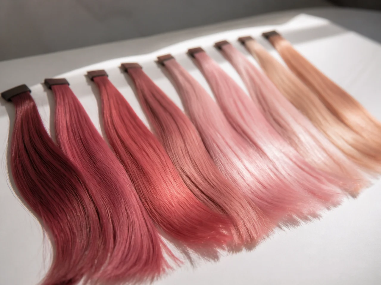 Pink hair swatches in several intensities laid side by side on a white surface