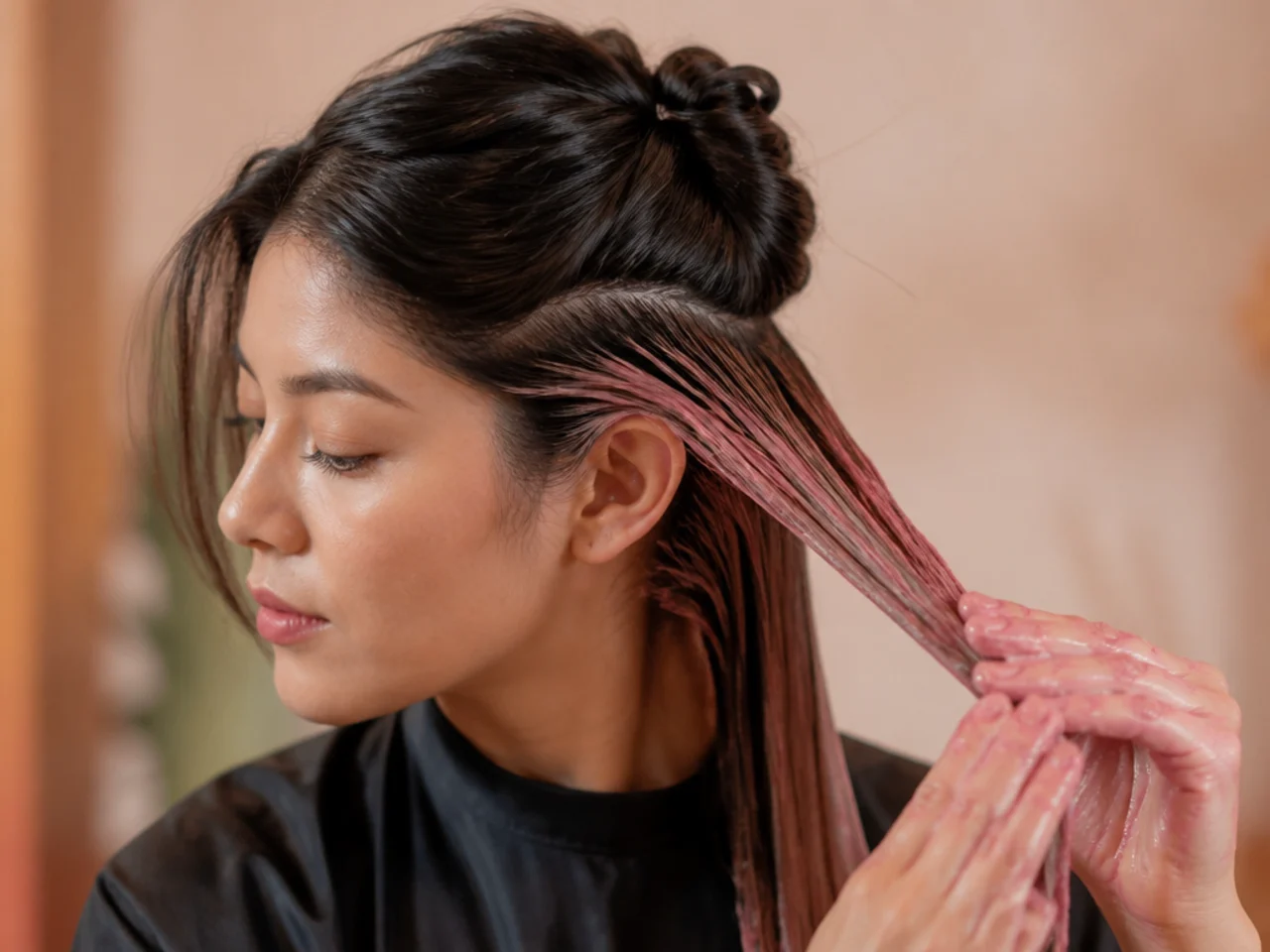 Pink colour depositing conditioner being worked through an under layer