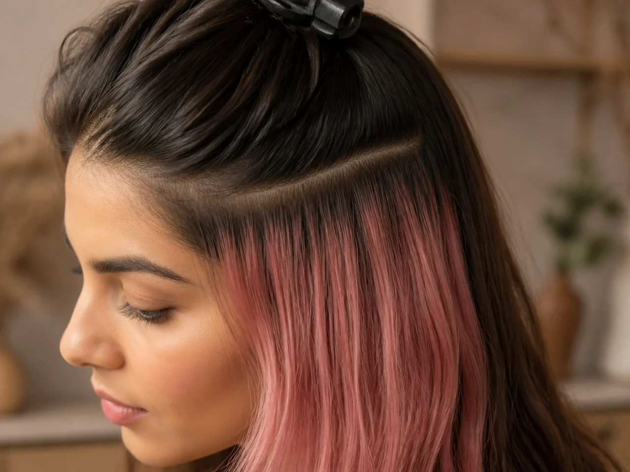 A horizontal section clipped up showing the boundary between natural hair and a pink panel